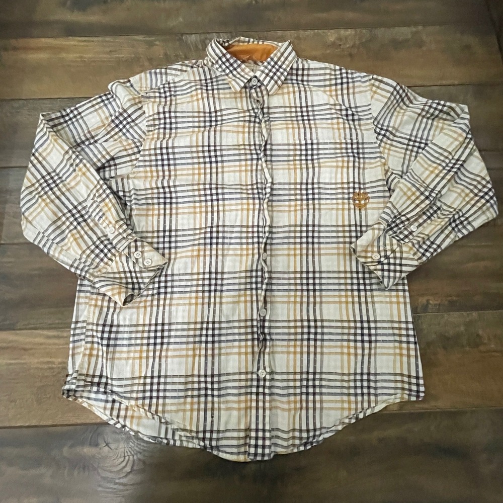 Timberland Mens XL Plaid Long Sleeve Button Down Shirt Brown Tan Yellow White